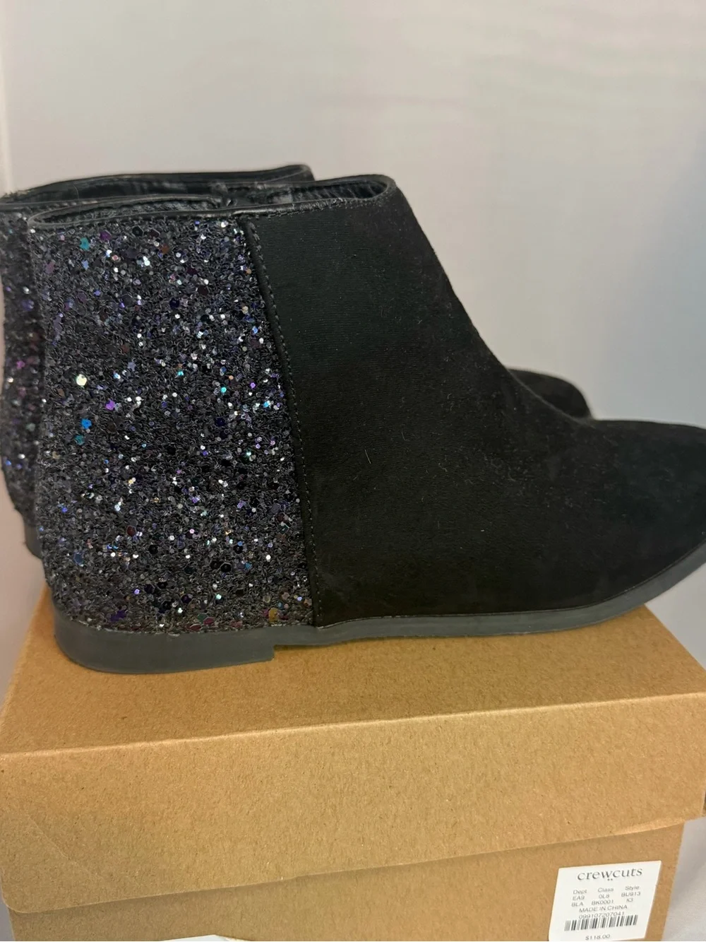 Crewcuts Black Suede Ankle Boots with Glitter Heel